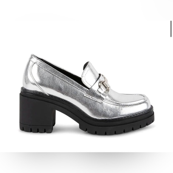 Steve Madden Bessa Silver Platform Loafers Size 39 Vegan Leather Chunky Heel - Picture 2 of 15